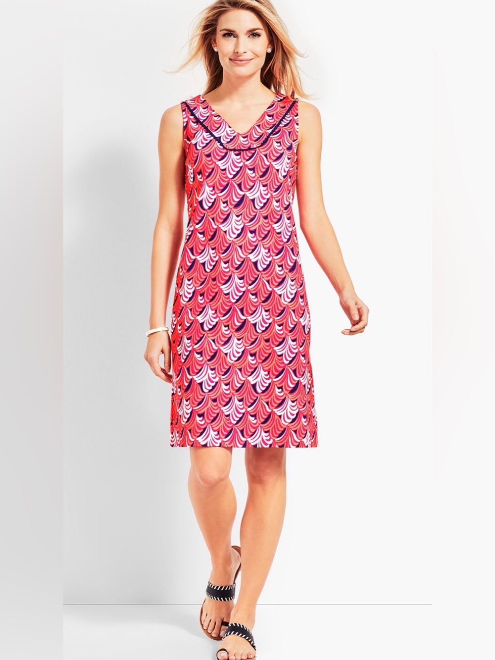Talbots Whimsical Waves Pink Patterned V-Neck Sleeveless Cotton Shift Dress, M